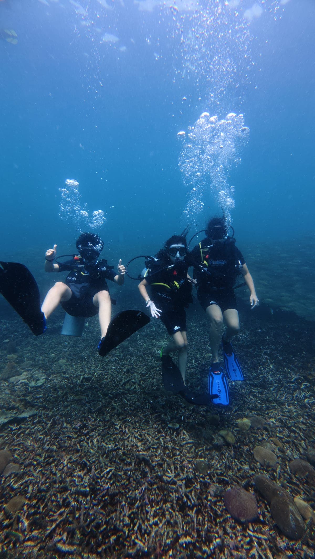 Trois plongeurs en pleine eau au-dessus d'un récif du golfe de Thaïlande, l'un faisant un signe de la main